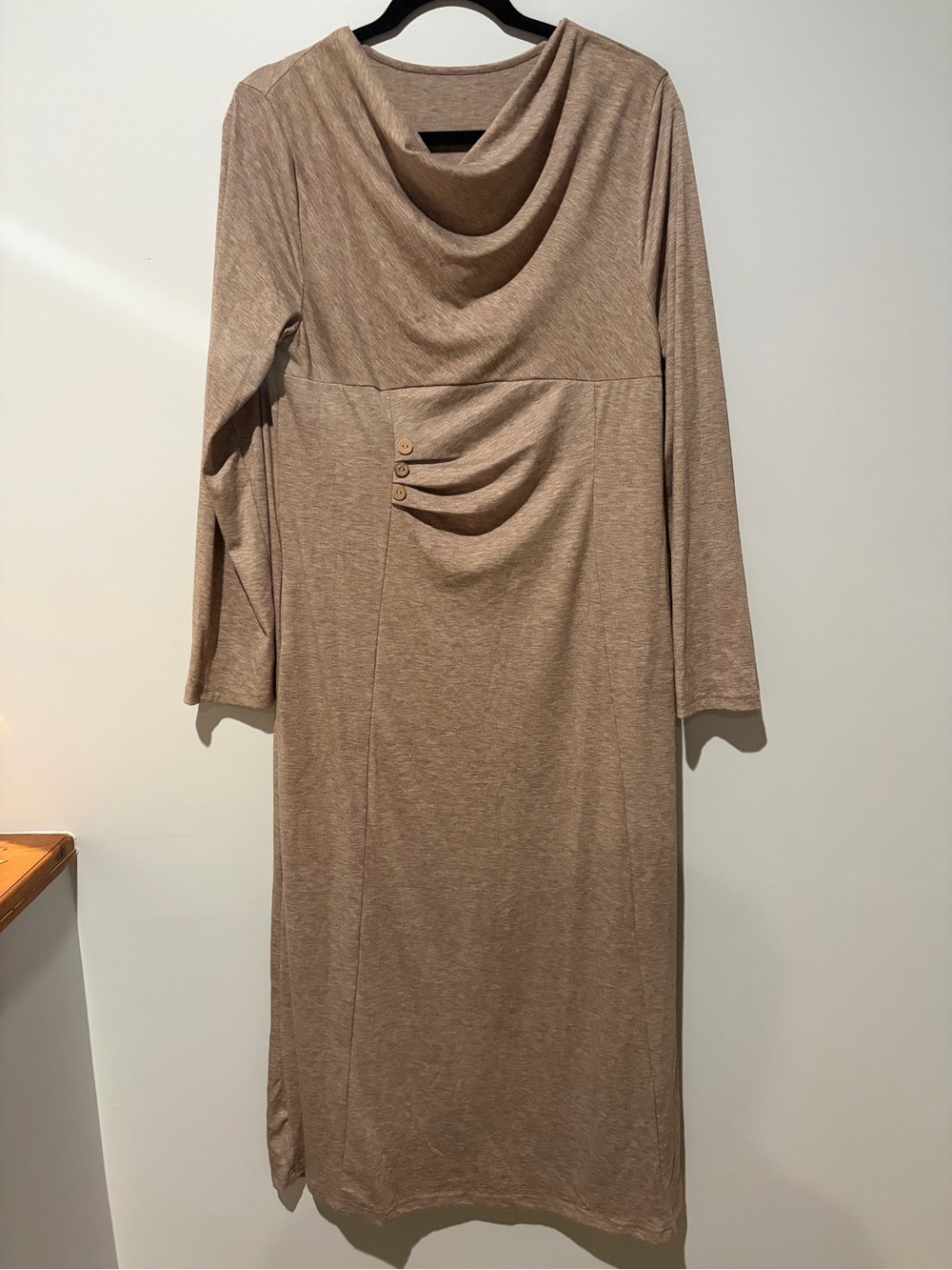 Source Unknown Tan Draped Cowl Neck Long Sleeve Dress